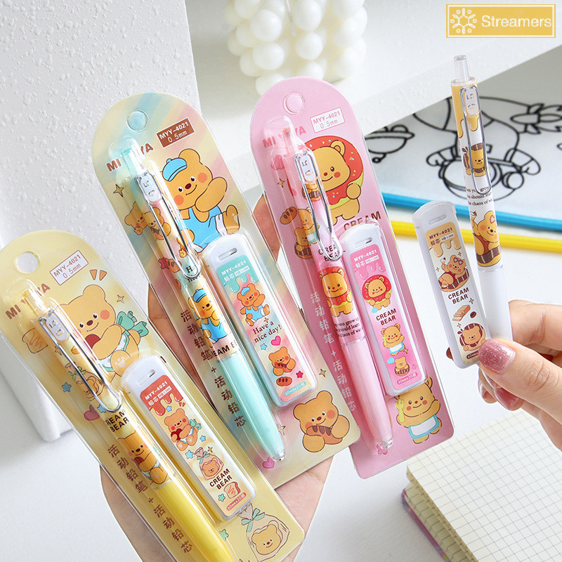 {Streamers} Kawaii Butter Bear ชุดดินสอกด 0.5 มม.วาด Wrig ดินสอการ์ตูนเครื่องเขียนโรงเรียนอุปกรณ์สํานักงานเด็กของขวัญใหม่