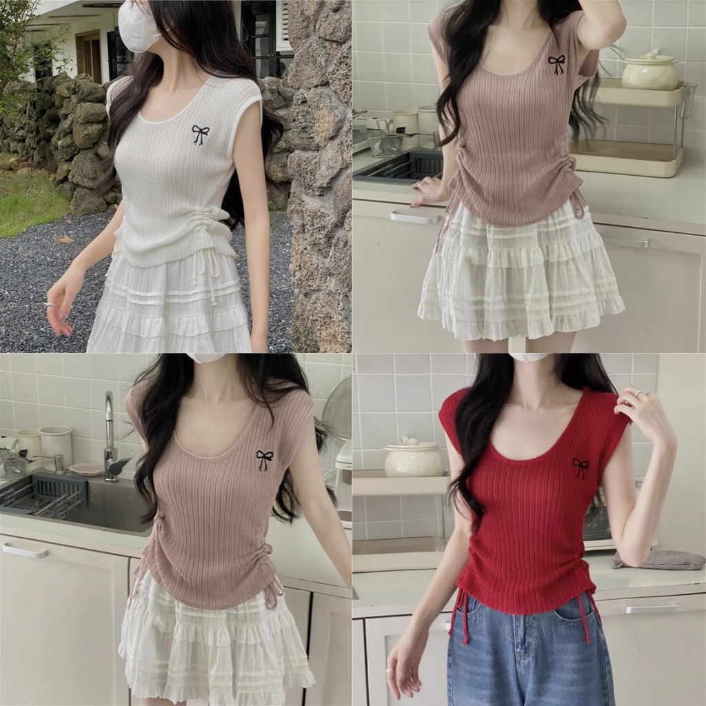 Anne เสื้อยืด ไหมพรม คอวี ดีเทลรูดด้านข้าง เสื้อยืดแขนสั้น สไตล์ลำลอง ทรงหลวม ใส่สบาย #Y6519
