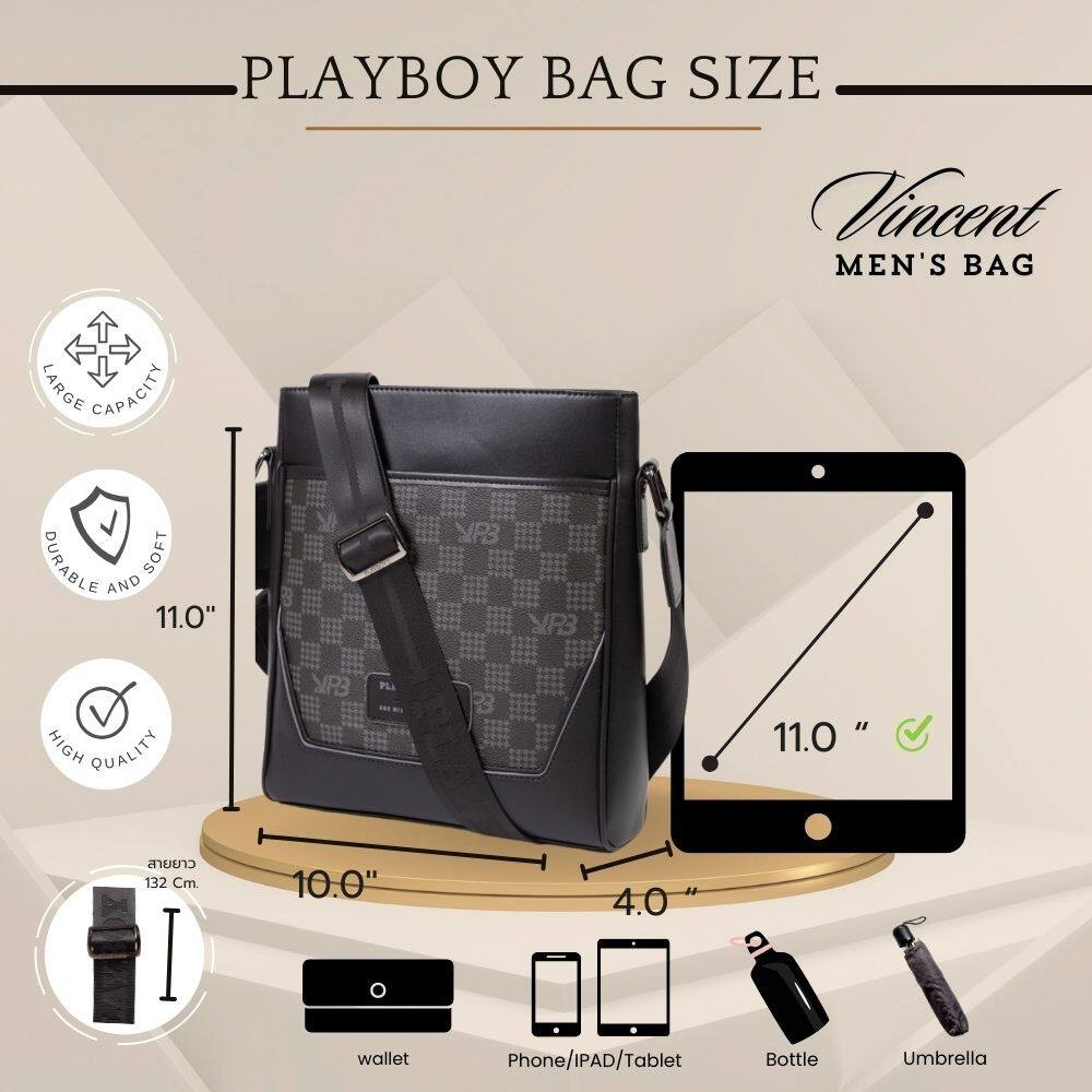 Playboy:Vincent  Men's bag กระเป๋าสะพายข้างผู้ชาย รุ่นST-B243PBM287-BK ดีไซน์กระเป๋าทรงแมสเซนเจอร์ ลายตารางโลโก้ สีดำ
