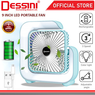 DESSINI ITALY 3 Speed USB Rechargeable Stand Table Desk Fan Color Light LED Lamp Air Ventilator Conditioner Cooler Kipas
