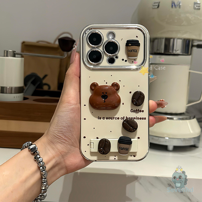 น่ารักแฟชั่นกรณีโทรศัพท์กับ3ง หมีกาแฟยึดตุ๊กตาเข้ากันได้สําหรับ ไอโฟน 11 16 15 14 13 12 มือโปร เอ็กซ์อาร์ Xs สูงสุด 7 8 6บวกหรูหราชุบโลหะคมชัดหน้าต่างกันกระแทกปกหลัง
