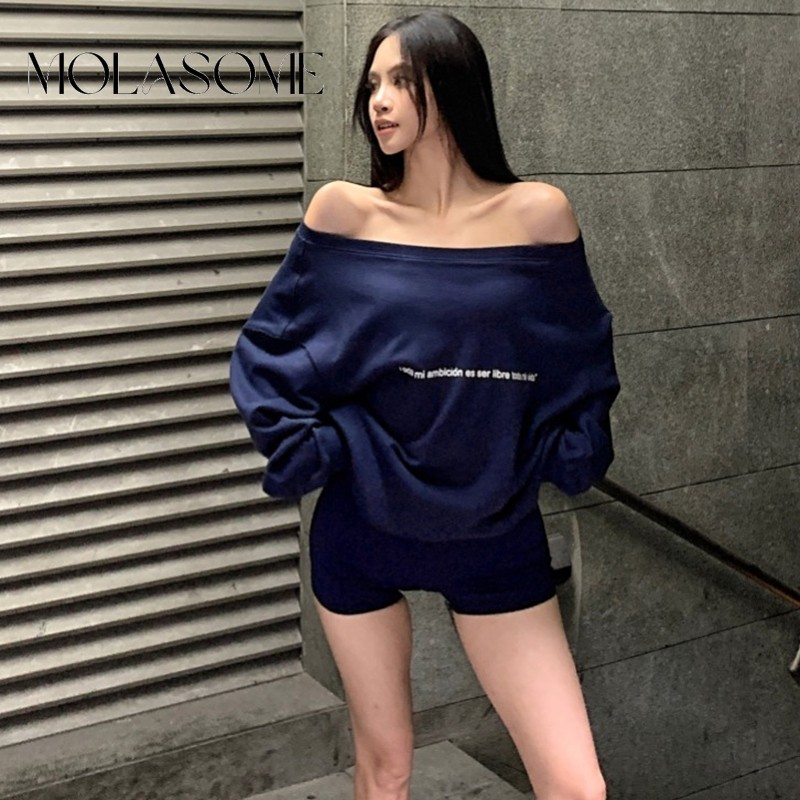 โมลาโซเมะ ผู้หญิง2024แฟชั่นใหม่สีทึบคอกลมแขนยาวเสื้อยืดหลวมสไตล์