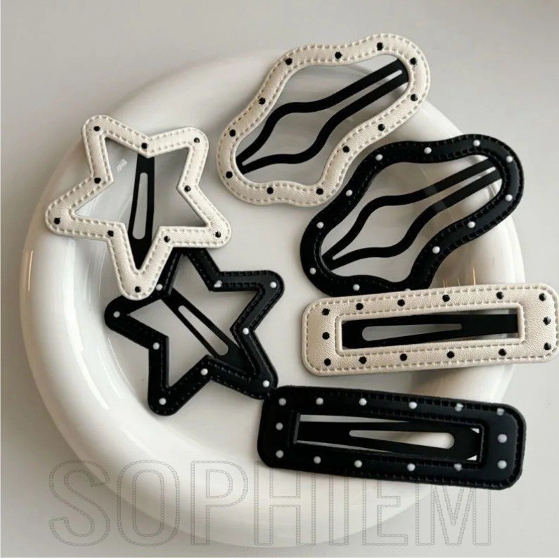 2 ชิ้น Star Polka Dot BB คลิป - Y2K, เกาหลี Ins สไตล์ - Pentagram Cloud Shaped Hairpins - Side Bangs กิ๊บติดผมหัก - หนัง PU, สีดําสีขาว - เครื่องประดับผม