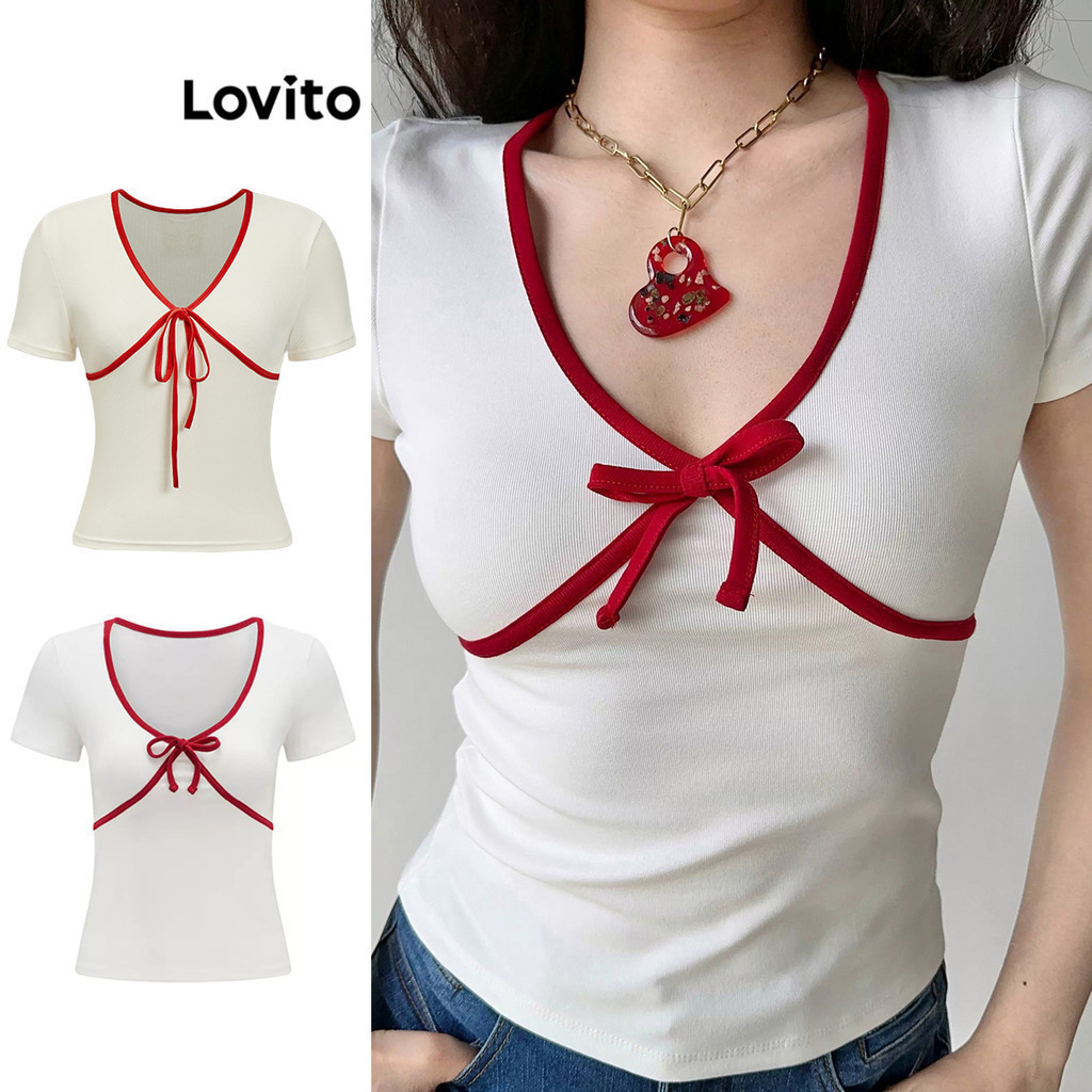 Lovito เสื้อยืดผู้หญิง สีพื้น แต่งขอบสี สไตล์ลำลอง L80ED119(หลากสี)
