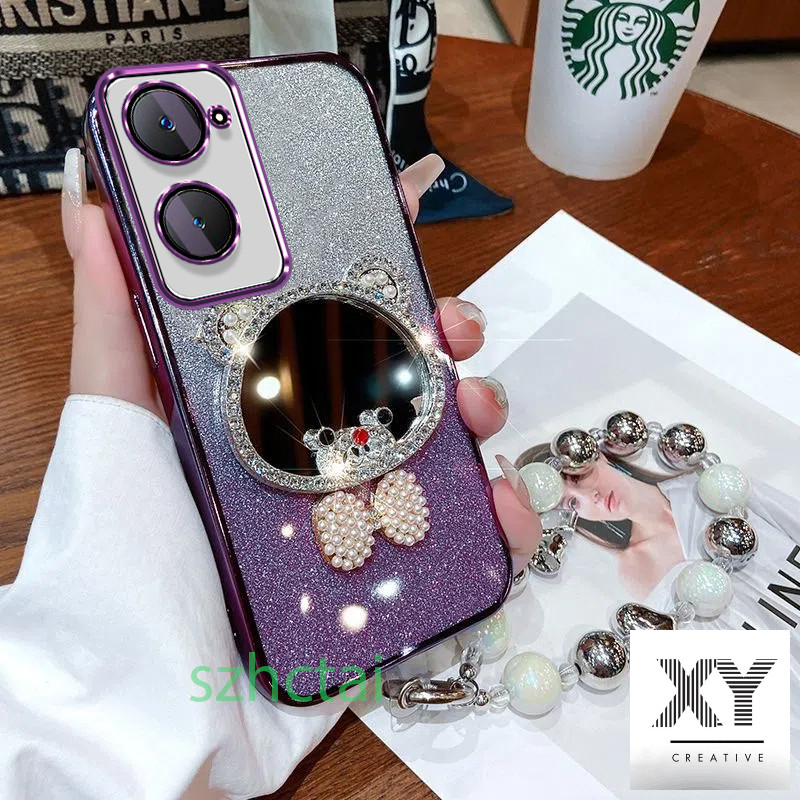 เคส Vivo Y03 Y18 Y100 5G Y27S Y36 5G Y27 5G Y17S Y16 Y02 Y02T หรูหรามงกุฎหมีหูกระจกแต่งหน้าพร้อมสร้อยข้อมือเชือกแขวน เคสโทรศัพท์ Vivo Y03 Y18 Y100 5G Y27S Y36 5G Y27 5G Y17S Y16 Y02 Y02T