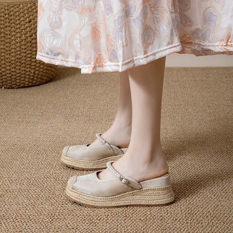 ลิ่ม ส้นรองเท้าแตะผู้หญิงเวอร์ชั่นเกาหลีแฟชั่นทอนิ้วเท้าปกระบายอากาศรองเท้าแตะส้นสูงลําลองขนาด35-40 - รูปที่ 4