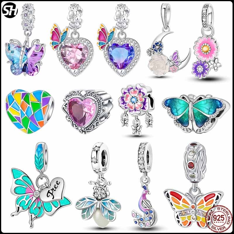 2025 แฟชั่น S925 เงินสเตอร์ลิงฤดูใบไม้ผลิดอกไม้ผีเสื้อที่มีสีสัน Charms ลูกปัด Fit  สร้อยข้อมือเดิม Fine DIY เครื่องประดับ