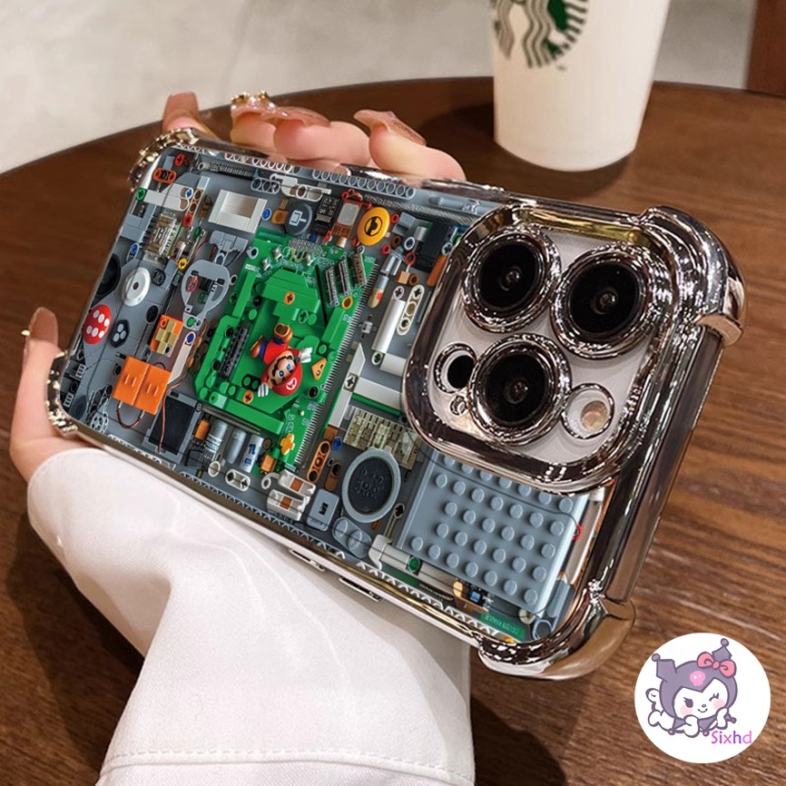 เข้ากันได้กับ IPhone 16 11 XR 15 14 13 12 Pro Max 7 8 Plus SE 2020 X Xs Max หรูหราสี่มุมถุงลมนิรภัยเลนส์ฟิล์มป้องกันกรณีวงจรไดอะแกรม Mario ขั้นสูงปกหลังพลาสติก