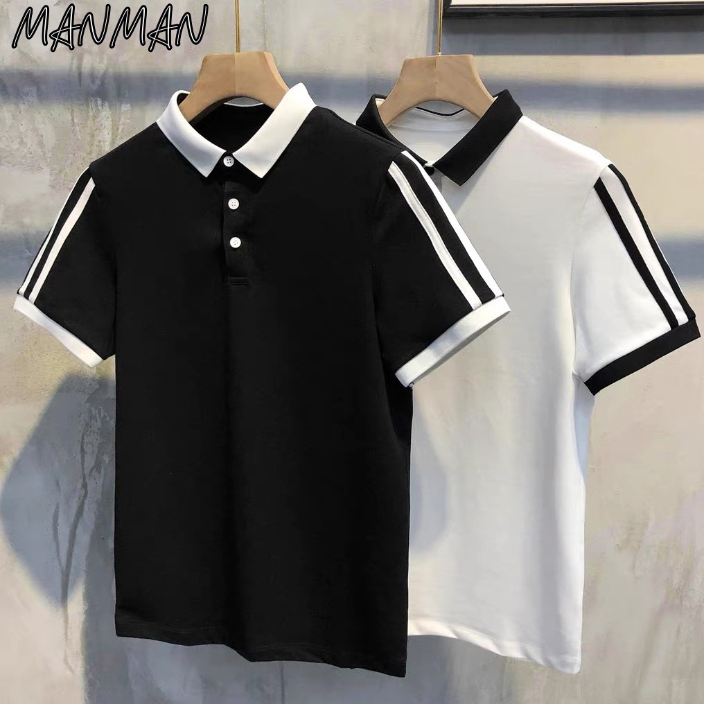 MANMAN เสื้อโปโลผู้ชาย มีลายทาง เสื้อคอปก ลำลอง แขนสั้นแบบบาง แมทช์ลุคง่าย ราคา ถูกที่สุด ดีลบีเคเค
