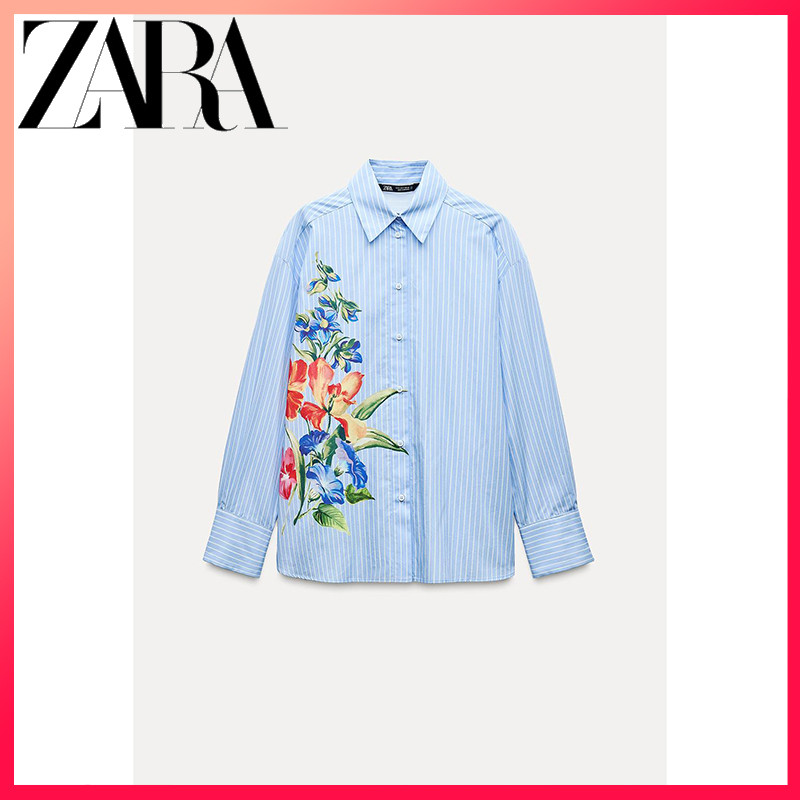 ZARA ซาร่า สินค้าใหม่ผู้หญิงลายดอกไม้พิมพ์ขนาดใหญ่แฟชั่นแขนยาวเสื้อปก