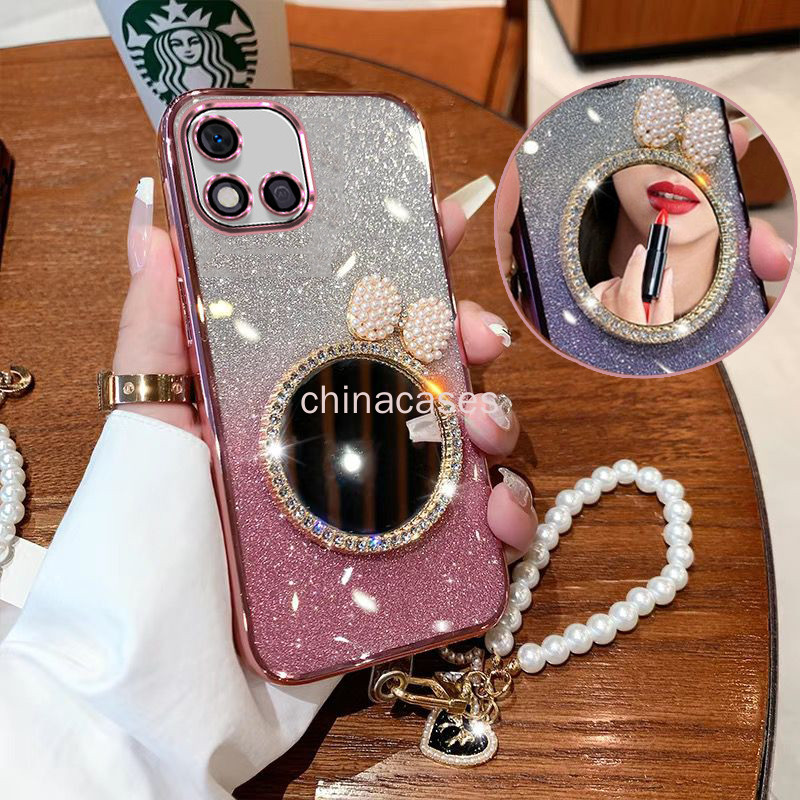 หรูหราglitterชุบrealme c11 2021 realme c11 2020 realme c20 C20Aเคสโทรศัพท์ฝาครอบโปร่งใสเปลือกมุกโบว์กระจกแต่งหน้าพร้อมสร้อยข้อมือ