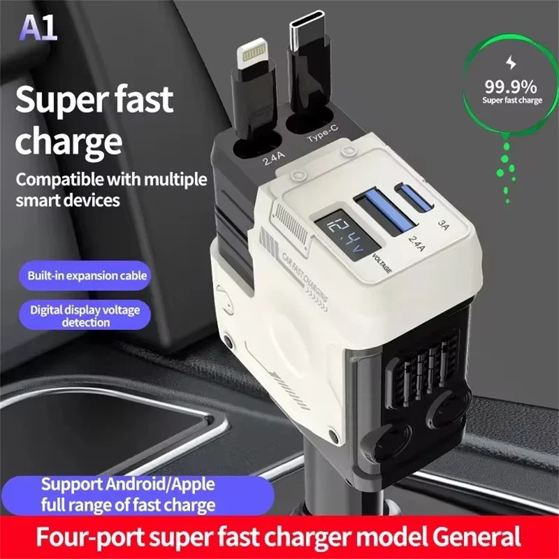 4 in 1 Retractable Car Charger 120W Fast Car Phone Charger USB Type C IPhone Android