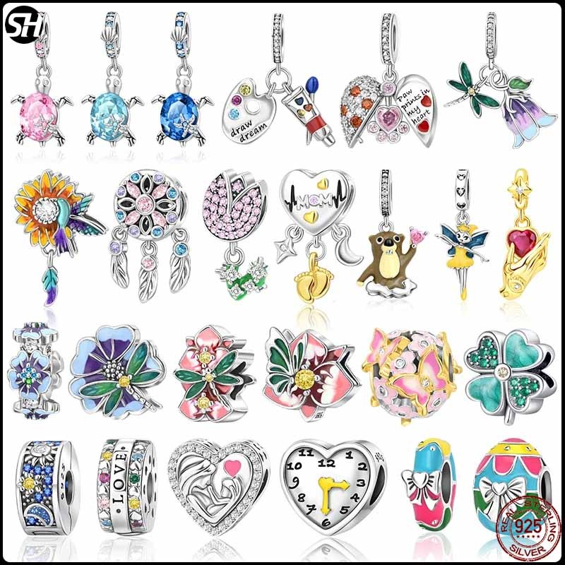S925 เงินสเตอร์ลิงZirconหัวใจคลิปCharmsดอกไม้Clover Charmเงินสเตอร์ลิงเต่าทะเลลูกปัดFit  CharmsลูกปัดDIYสร้อยข้อมือเดิมเครื่องประดับ ราคา ถูกที่สุด ดีลบีเคเค