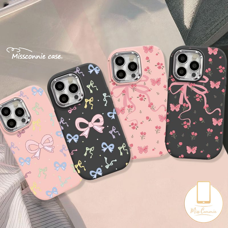 สีสัน Bowknot Dots ดอกไม้สีชมพูสร้อยข้อมือสําหรับ IPhone XR 7Plus 15 14 13 11 12 Pro Max X XS Max 8 14 15 7 Plus SE 2020 หรูหราชุบโลหะเลนส์ Soft Tpu Cover