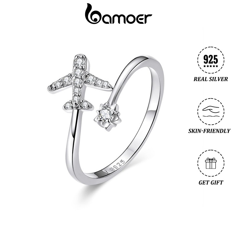 BAMOER บามอส 925เงินสเตอร์ลิงปรับขนาดแหวนรูปแบบเครื่องบินเปิดแหวนกับเพทายสําหรับผู้หญิงและผู้ชายแฟชั่นเครื่องประดับของขวัญ