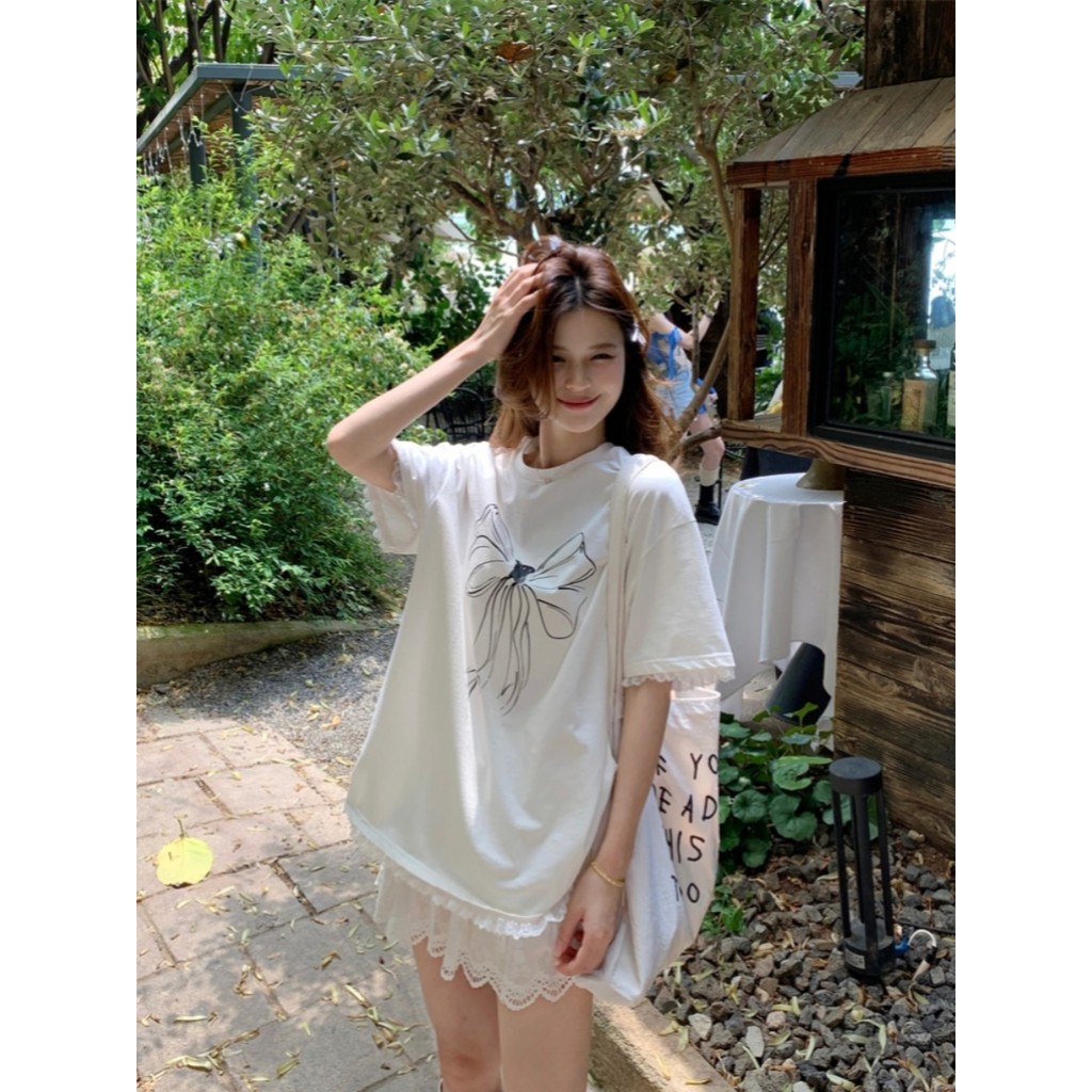 COD (กรุงเทพจัดส่งสินค้า)BOOM Shop Printed T-shirt，แฟชั่นเรียบง่ายโบว์พิมพ์เสื้อยืดแขนสั้นหลวม #52843