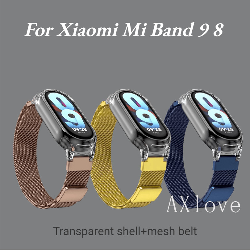 เคสใส + สายนาฬิกาโลหะสําหรับ เสี่ยวหมี่ ไมล์ วงดนตรี 9 8 7 5 6 3 4 สายสแตนเลสสตีล ชาวมิลาน สร้อยข้อมือสายรัดข้อมือสําหรับ ไมล์band วงดนตรี 3 4 5 6 วง