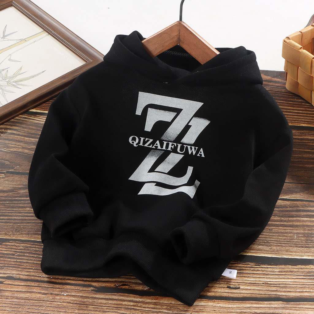 คลังสินค้าพร้อม 90-170 ซม.ฤดูใบไม้ร่วงฤดูหนาว Boys Letter Hooded Top กลางเด็กใหญ่เกาหลีรุ่นหลวมพิมพ์ Casual Swe