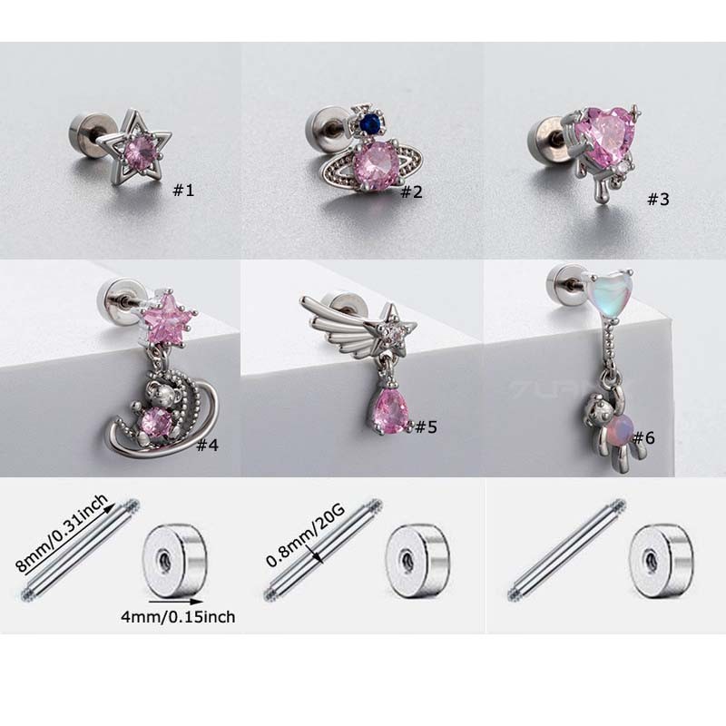 1 ชิ้น Star Heart Bear Shape ต่างหูกระดูกอ่อน Stud Helix เจาะ 20Gauge สแตนเลสสีชมพูเพทาย