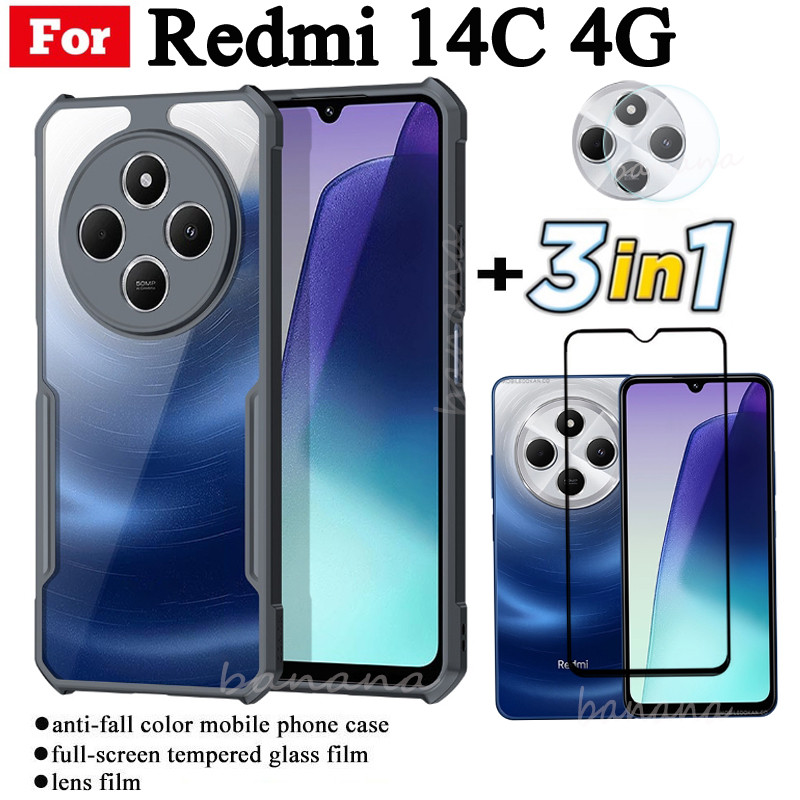 3 IN 1 Redmi 14C เคสโทรศัพท์มือถือป้องกันการล่มสลายสําหรับ Redmi 14 C ฟิล์มกระจกนิรภัย + ฟิล์มเลนส์