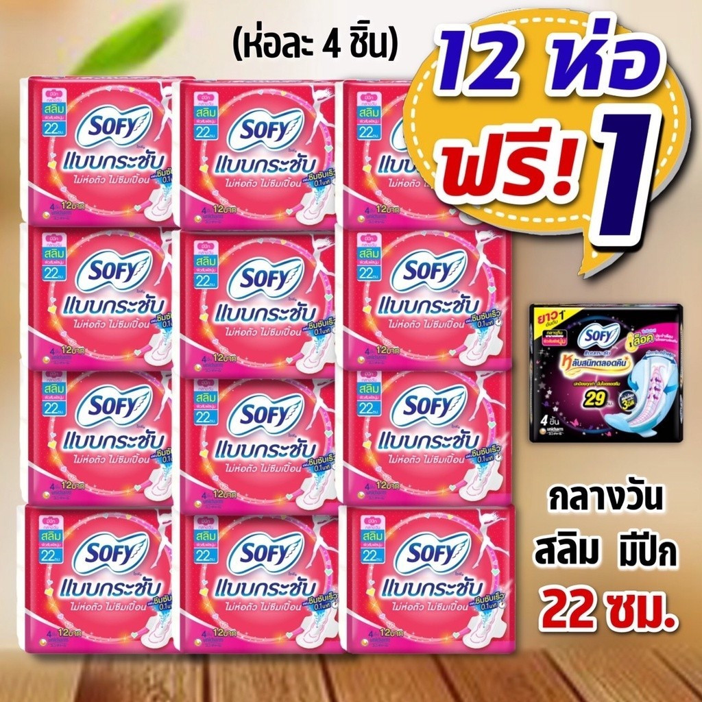 ส่งฟรี แพค12ห่อ Sofy โซฟี ผ้าอนามัย กลางวันแบบกระชับ สลิมมีปีก 22 ซม. (ห่อละ 4 ชิ้น)
