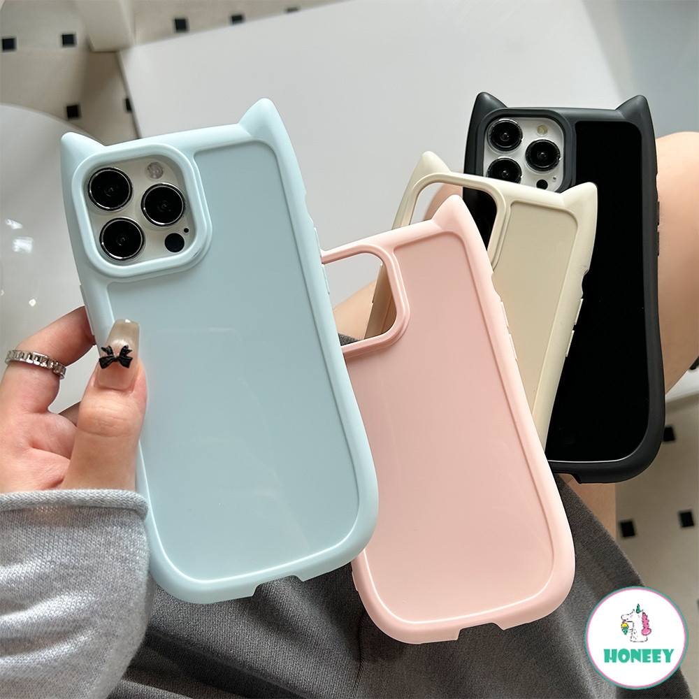 Candy สีทึบน่ารัก 3D หูแมวกันกระแทกเคสโทรศัพท์สําหรับ Iphone 15 14 Pro Max 11 12 13 Plus XR XS Max การ์ตูนซิลิโคนอ่อนนุ่มป้องกันปกหลัง
