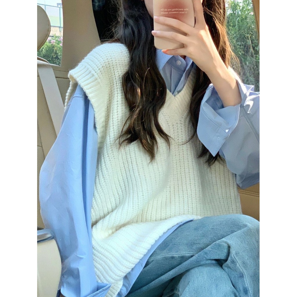 สูท ผู้หญิง ฝรั่งเศส หวาน เสื้อกั๊ก + เสื้อ เรียบง่าย อเนกประสงค์ โปโล คอ แขนยาว ชุดสองชิ้น