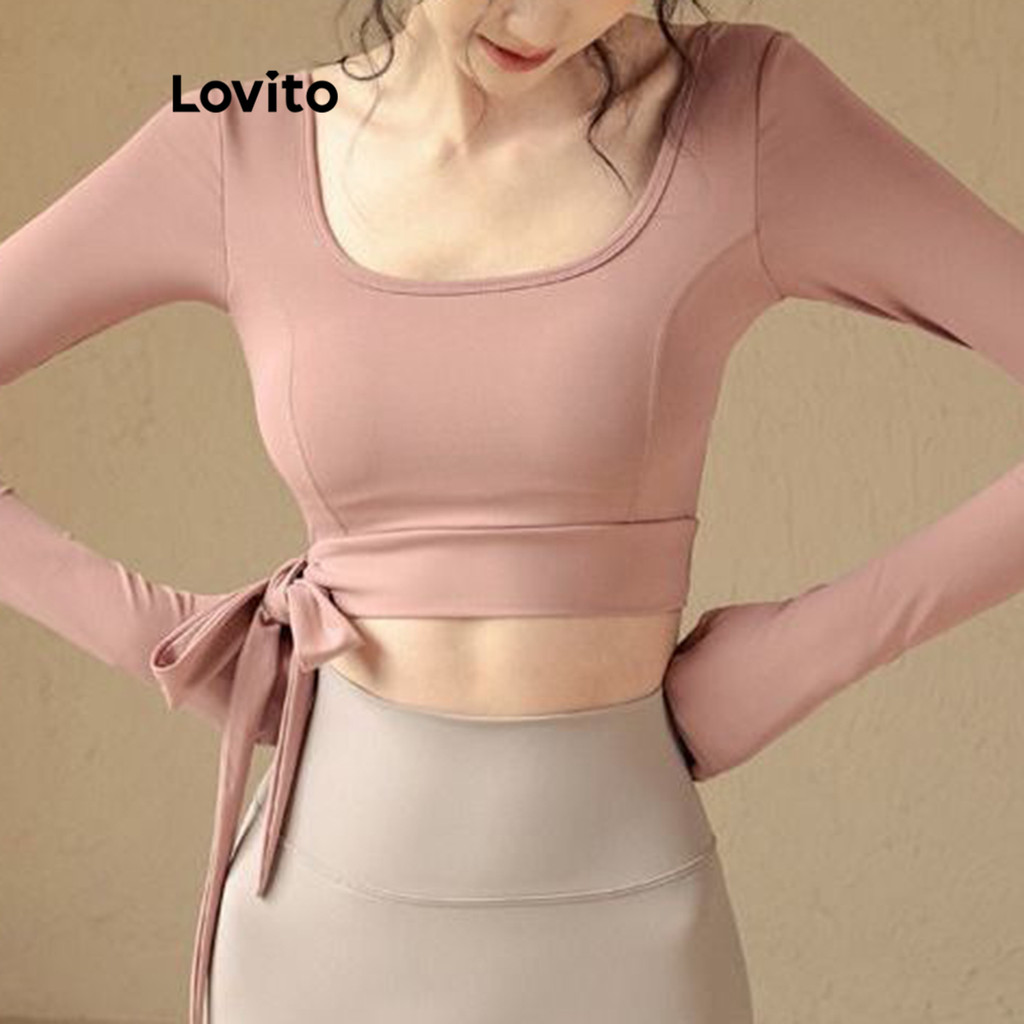 Lovito เสื้อยืดกีฬาผู้หญิง ผูกเชือก สีพื้น สไตล์ลำลอง LNE69072