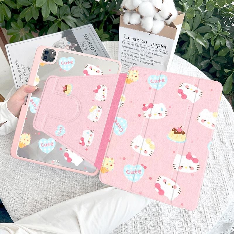 360 ° เคส iPad หมุนได้พร้อมช่องเสียบปากกาเค้กเชอร์รี่ Hello Kitty อะคริลิค Backboard Pro11 2020 Gen10 Gen9 Gen8 Gen7 Gen6 Gen5 Air6 Air5 Air4 ฝาครอบ iPad หมุนได้