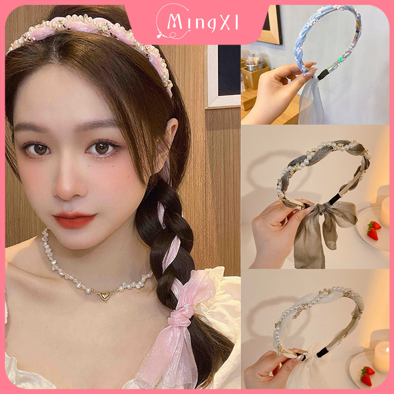 ที่คาดผมมุกผู้หญิงผูกโบว์ใหม่ที่เรียบง่ายวงผมอุปกรณ์ผม