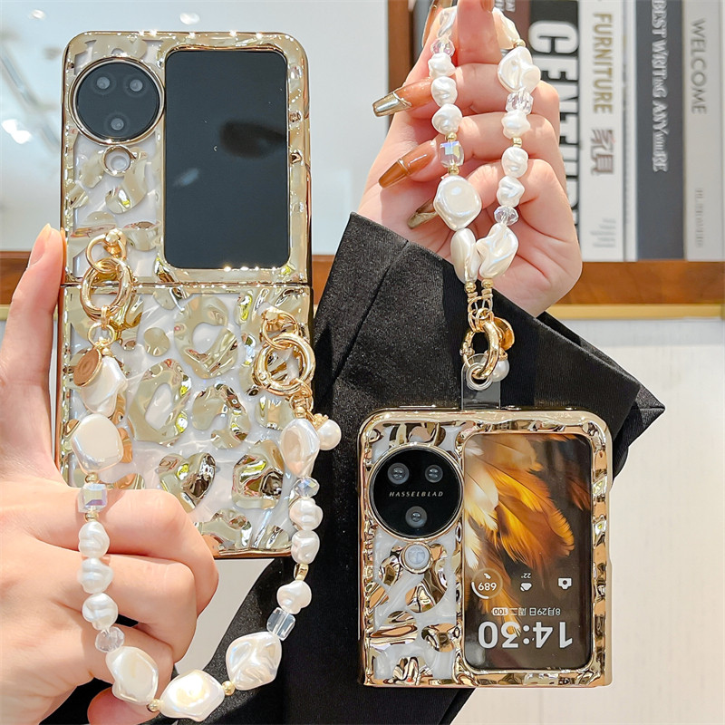 เคสโทรศัพท์แบบพับได้สําหรับ Oppo Find N2 N3 สร้อยข้อมือพิมพ์ลายเสือดาวจีบพลิกชุบเคสโทรศัพท์ TPU แข็ง