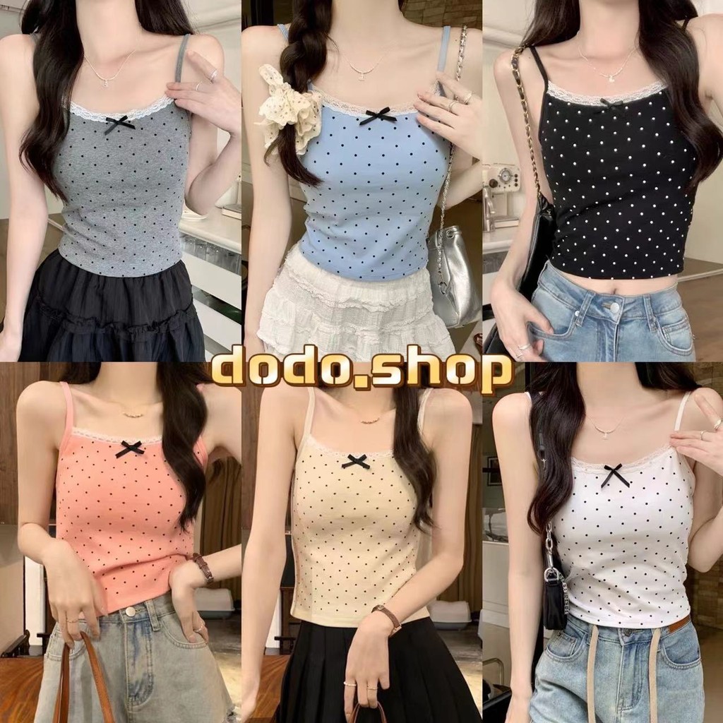 DODO⭐พร้อมส่ง⭐เสื้อสายเดี่ยวครอป แต่งลายจุดประดับโบว์เล็กๆแต่งลูกไม้ที่งานผ้านุ่มสวมใส่สบาย(76115)