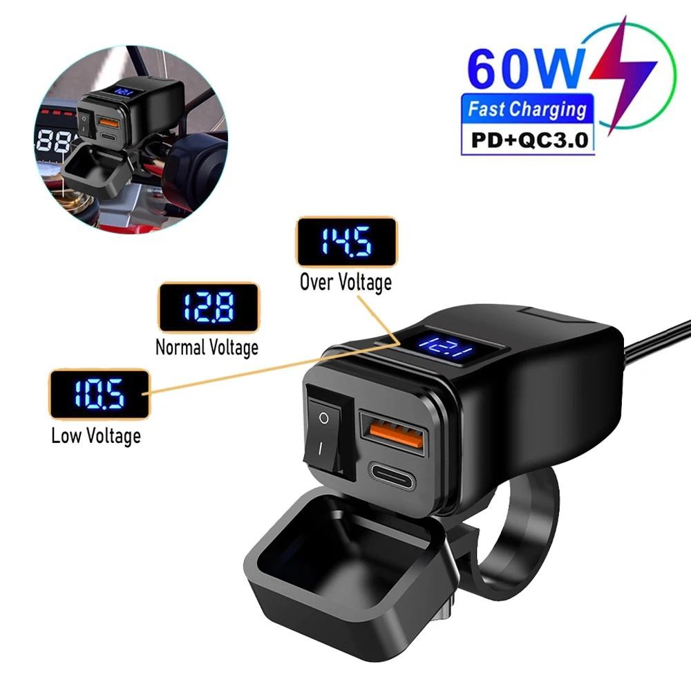 60w PD QC3.0 รถจักรยานยนต์ USB Fast Charger 60W Handlebar Dual USB ซ็อกเก็ตพร้อมสวิตช์โวลต์มิเตอร์กันน้ํา 12V Power Supply อะแดปเตอร์