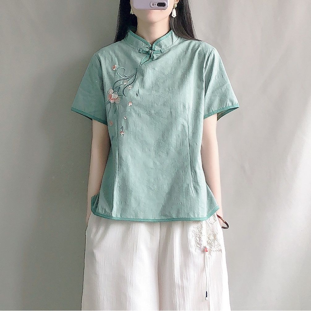 วรรณกรรมretro Jacquardผ้าฝ้ายผ้าลินินเสื้อสไตล์จีนZen Stand-Upปุ่มสั้นAll-Match TOPฤดูร้อนแขนสั้นชุดชาเสื้อผ้าผู้หญิงผู้หญิง