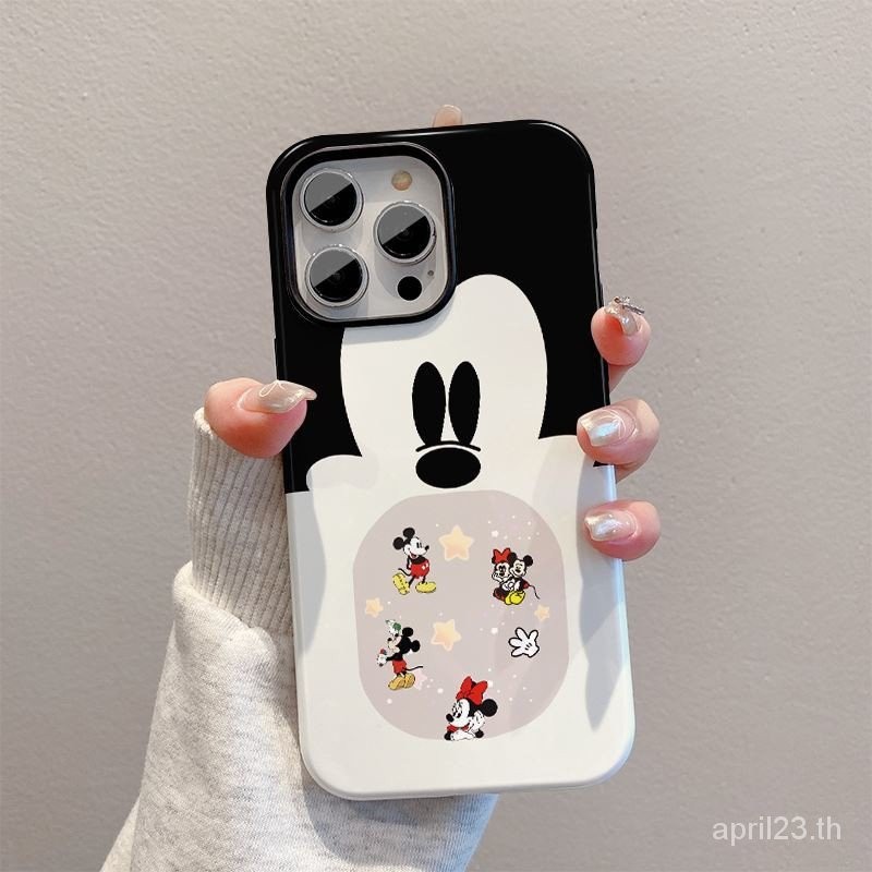 เคสมือถือเคสแข็ง2 in 1ลายการ์ตูนเมาส์สีดำและสีขาวเหมาะสำหรับ iPhone 16 PRO MAX 15 14 13 12 11 PRO MAX XR 15PROMAX 14PROMAX 13Pro 8PLUS 7plus