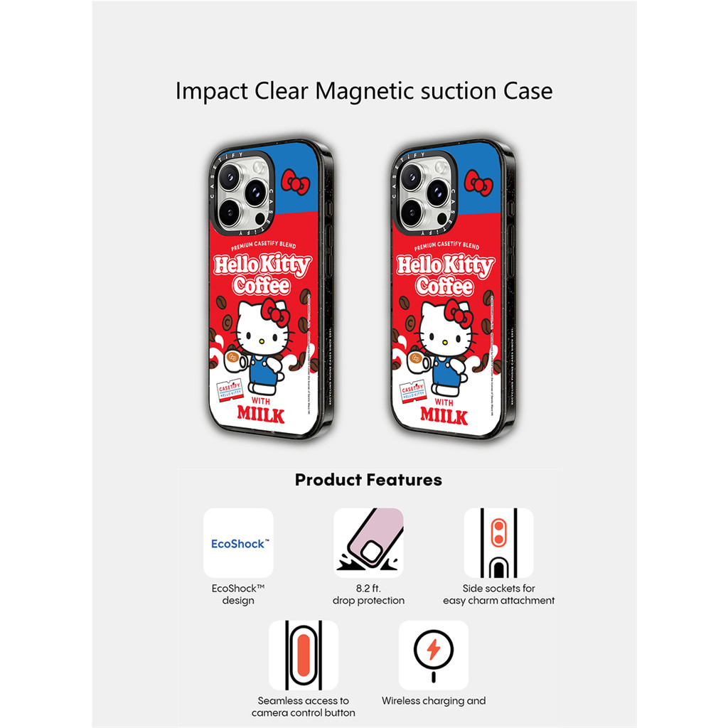 Casetify X Hello Kitty Coffee Case แม่เหล็กดูด Hard อะคริลิคด้านหลังสําหรับ Apple IPhone 12 13 14 15 16 Pro Max Plus พร้อมกล่อง