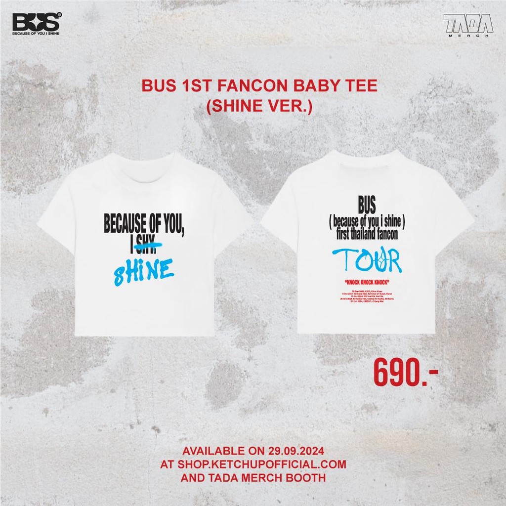 พิมพ์ด้านบนผู้หญิงสั้น BUS 1st THAILAND FANCON TOUR T-SHIRT พิมพ์ลายขาวดำ 2 สี crop top รหัสเฉลี่ย