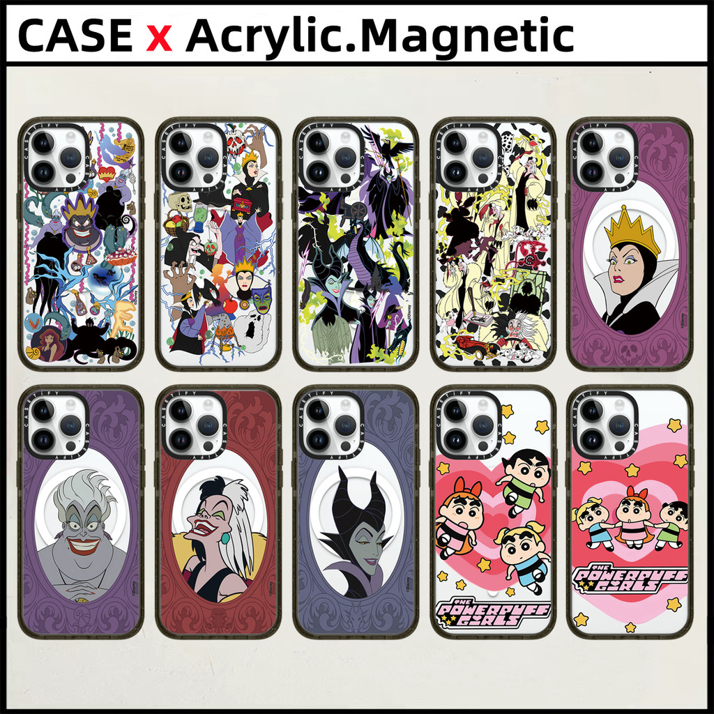 Casetifydisney Villainsอะคริลิคปลอกแม่เหล็กสําหรับiPhone 15 16 Pro Max 14 15 16 PlusกรณีCrayon Shin-Chanแฟชั่นแกะสลักด้านข้างตัวอักษรฝาครอบป้องกัน