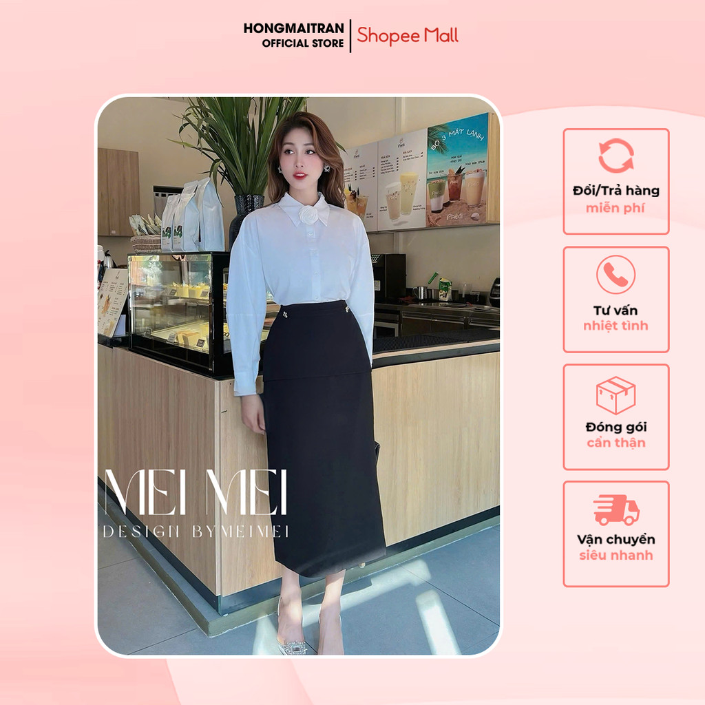 กระโปรงยาวทรงเอสีดําลายข้างกระโปรงออฟฟิศหรูหราสุดๆ Hong Mai Tran Store CV15278
