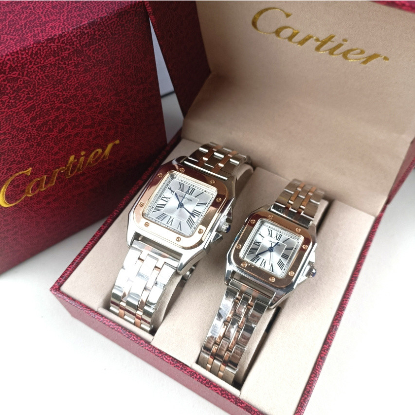 Cartier นาฬิกาคู่รัก Square Stainless Steel Dial สายหนัง Rui Watch Quartz Movement