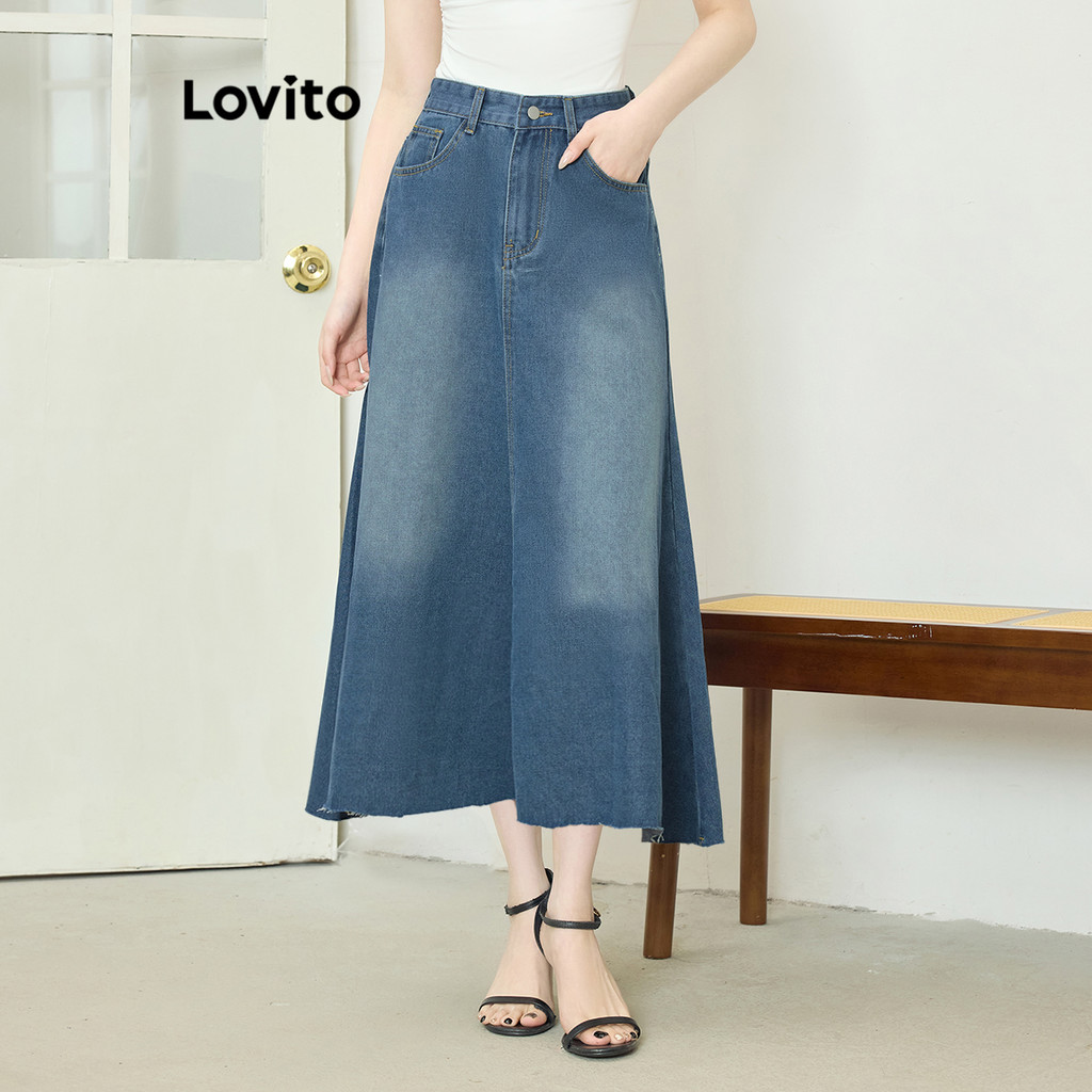 Lovito กระดุมซิปธรรมดาแบบสบาย ๆ กระเป๋ากระโปรงยีนส์สำหรับผู้หญิง L104ED645