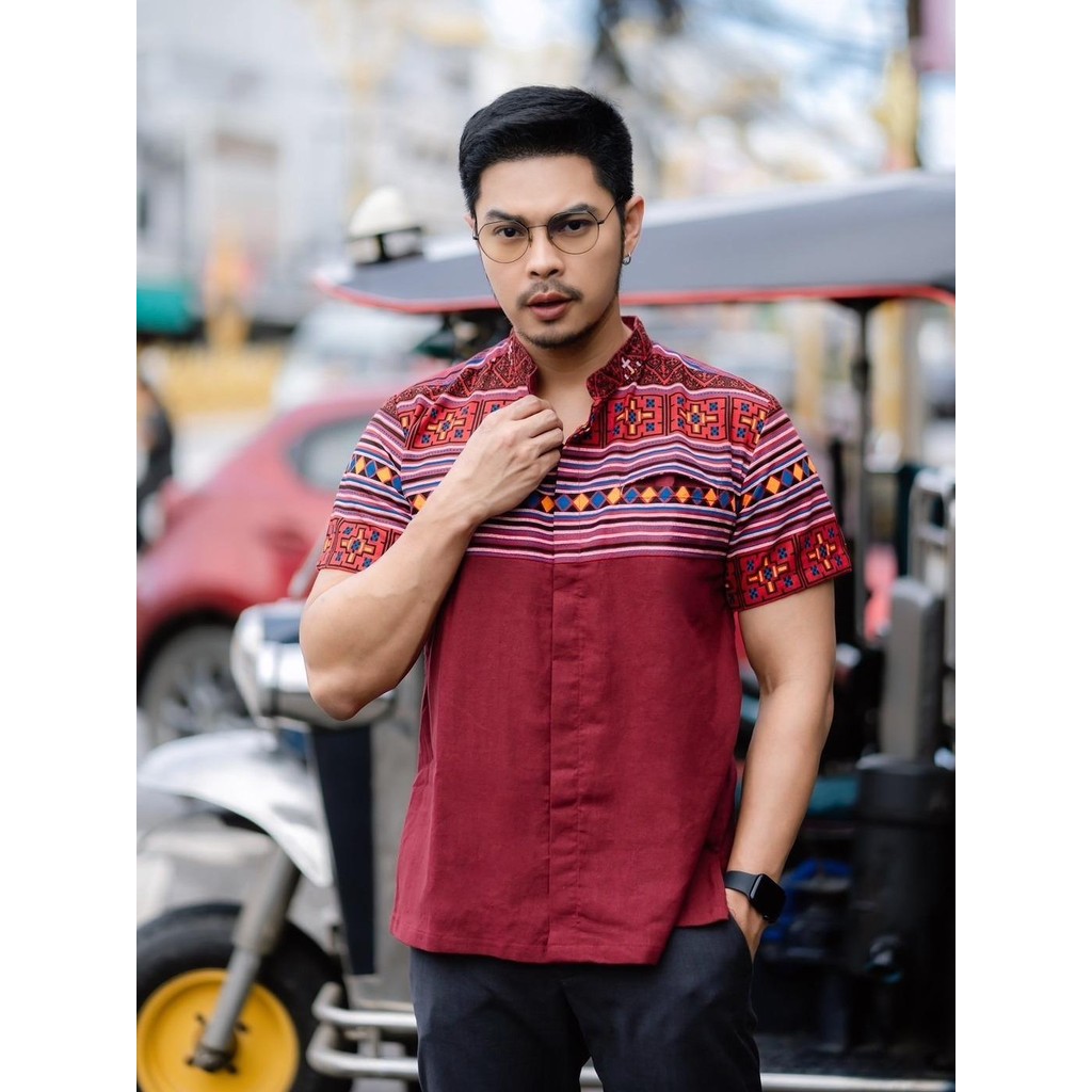 เสื้อผ้าแฟชั่น เสื้อผ้าฝ้ายฟอกนุ่มพิมพ์ลาย no.24แดงอาข่าสั้น
