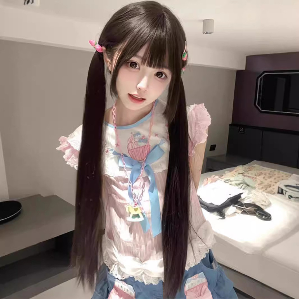วิกผมหญิง jk สาวหวาน Shao Luo ธรรมชาติสีดําอ่อนโยน lolita กับ Sideburns 85 ซม. ยาวตรง Bangs หมวกเต็มสไตล์