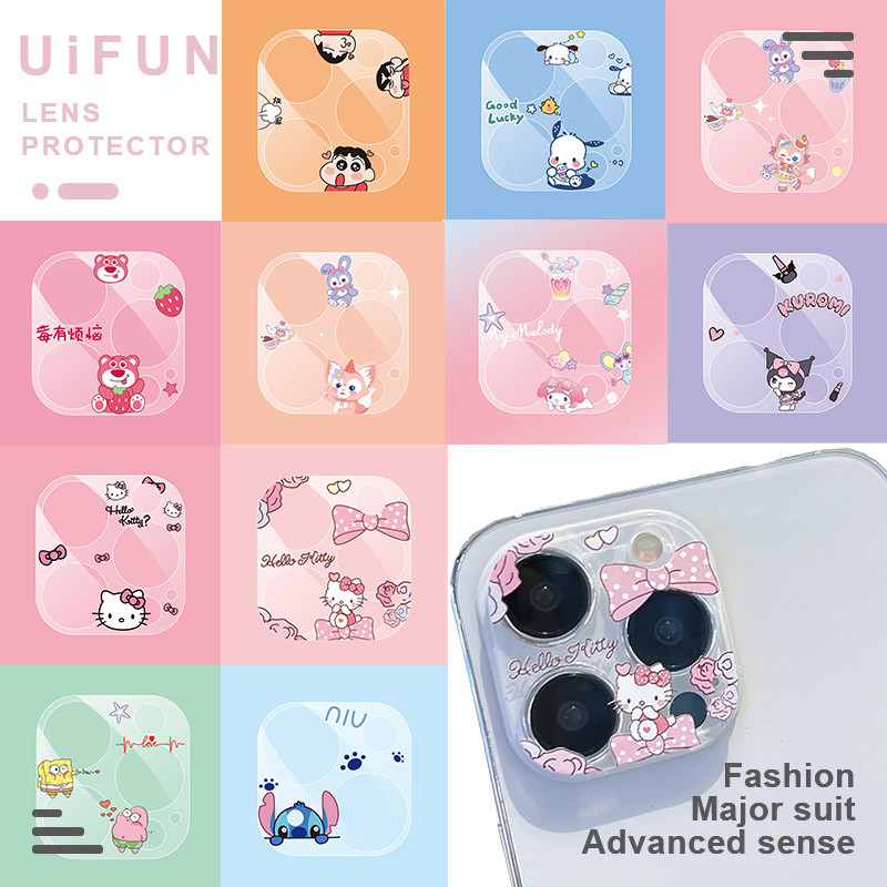 9h Kitty การ์ตูนClearเลนส์ป้องกันฟิล์มสําหรับiPhone 16 15 Plus 14 13 Pro Max 13miniโปร่งใสป้องกันหน้าจอกระจกนิรภัย