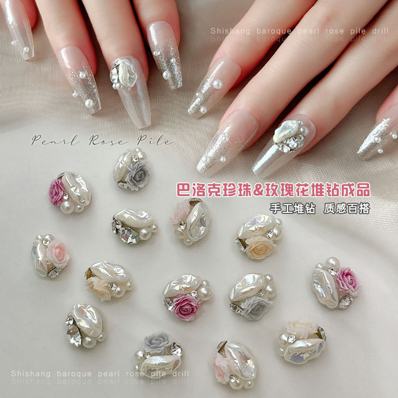 ตกแต่งเล็บสติ๊กเกอร์ติดเล็บ Baroque DIY Pearl Rose Diamond Rhinestones Camellia 5/10 ชิ้น