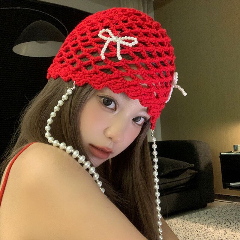 Designer yegg Pearl Bow Red Hollow หมวกถักหญิงหวานเย็นสไตล์พู่ที่ไม่ซ้ํากัน Baotou หมวก
