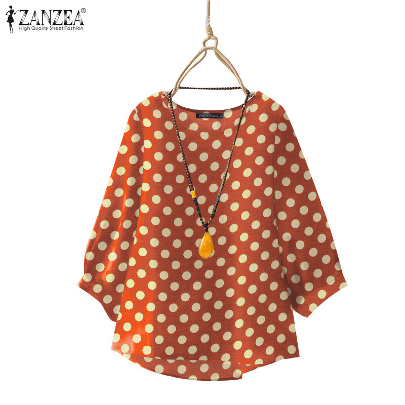 ZANZEA ซานเซีย ผู้หญิงทุกวันสบายๆรอบคอลายจุดหลวม3/4แขนเสื้อ