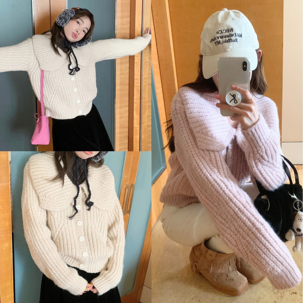 ราคาถูกที่สุด เสื้อคาร์ดิแกนทรงคอบัวใหญ่ ไหมพรมถักหนา มีกระดุมหน้า 4 สี น่ารักสุด