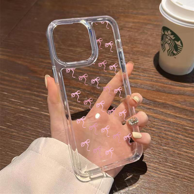 TPU ปุ่มชุบไฟฟ้า เคสไอโฟน นิ่มกันกระแทก เคสโทรศัพท์ iPhone 11 12 13 14 15 Pro Max XR XS X 7 8Pโบว์สีชมพู