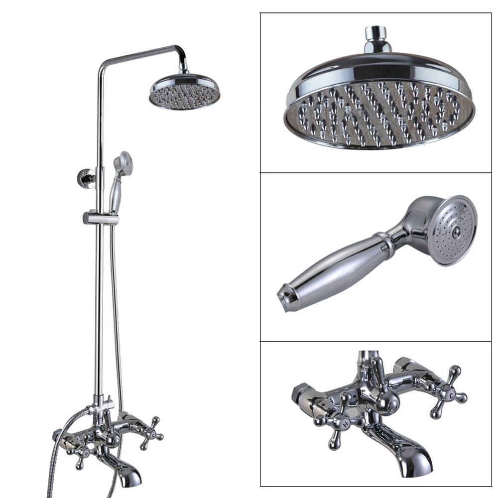 Chrome สําเร็จรูปทองเหลืองห้องน้ําก๊อกน้ําระบบหัวฝักบัวติดผนัง Dual Cross Handle อ่างอาบน้ําฝักบัวผสมแตะ mcy324